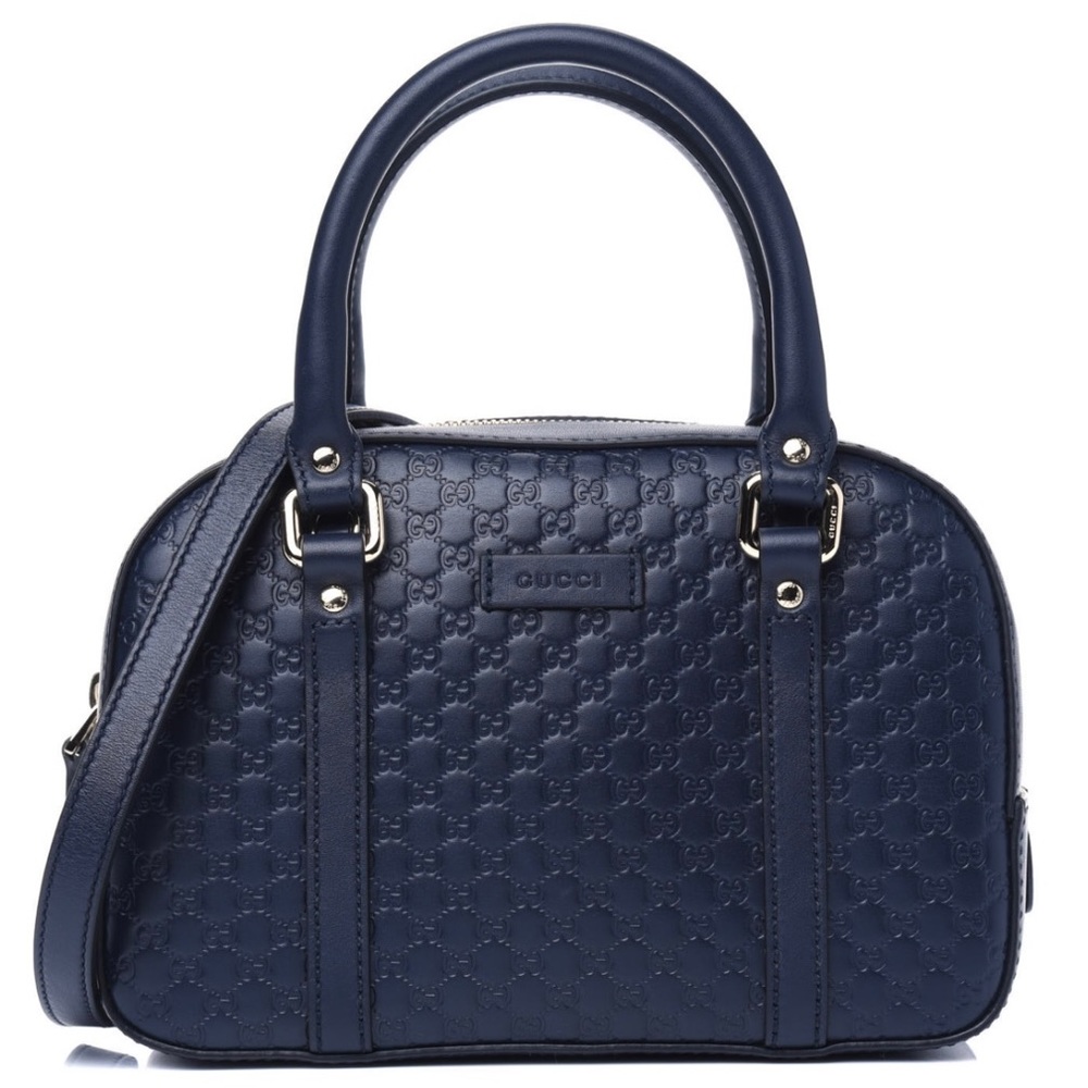 Gucci Micro Guccissima Margaux Navy Blue Zip Top Leather Satchel & Crossbody Bag